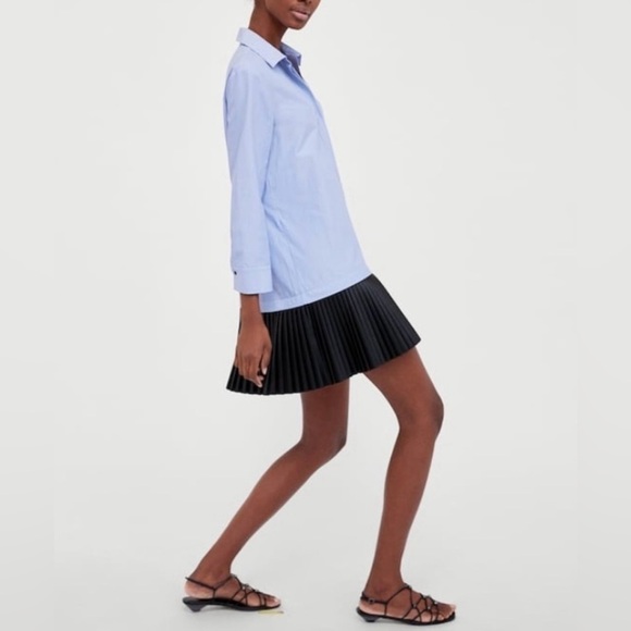 Zara NWOT Shirt Dress Blue White Stripes & Black Pleated Faux Leather Skirt XS - Picture 2 of 9